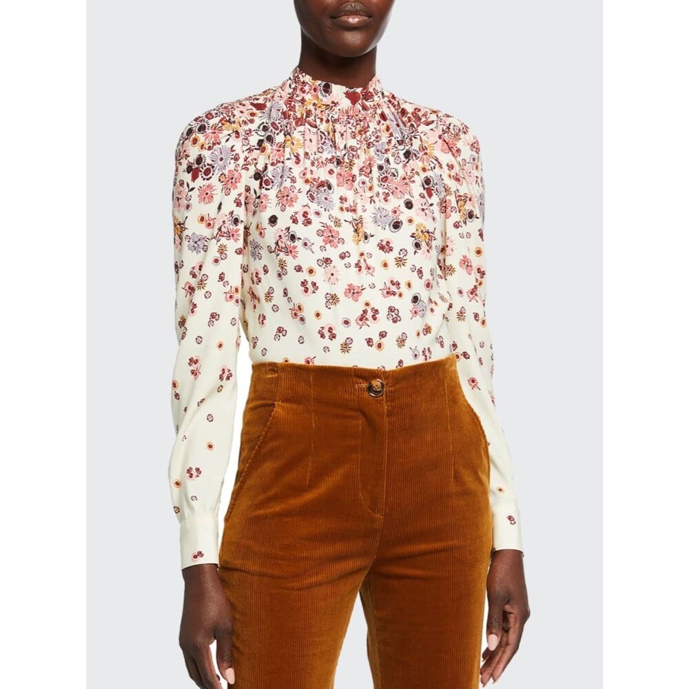 Veronica Beard Fey Mock Neck Floral Print Silk Long Sleeve Preppy Blouse Size 2